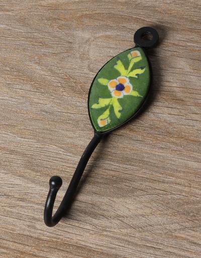 JAIPUR BLUE POTTERY HANDMADE OVAL HOOK WITH IRON - GREEN