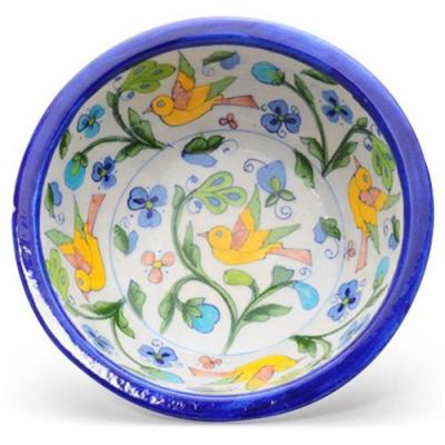 Jaipur Blue Pottery Handmade Imperial Bowl 8 inches - White Base with Yellow Birds
