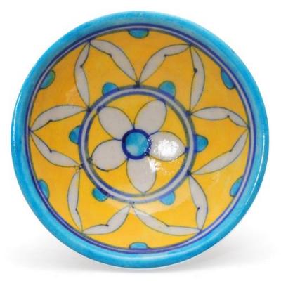 Jaipur Blue Pottery Handmade Bowls 3 inches -  geometric design with yellow base, turquoise dots