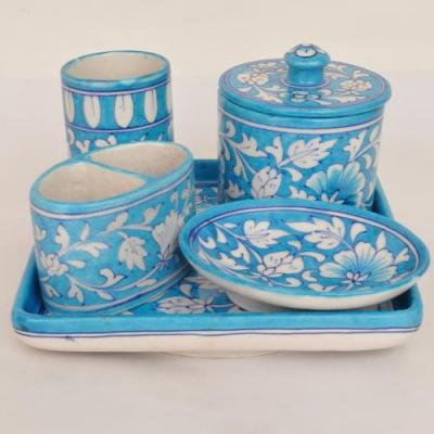 White Floral Motif On Turquiose Base Bathroom Set (5 pieces)