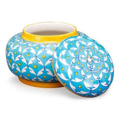 Jaipur Blue pottery Handmade Jar with lid 7 inches - Turquoise Base Geometric design with Yellow dots 