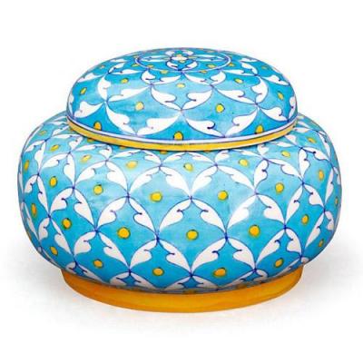 Jaipur Blue pottery Handmade Jar with lid 7 inches - Turquoise Base Geometric design with Yellow dots 
