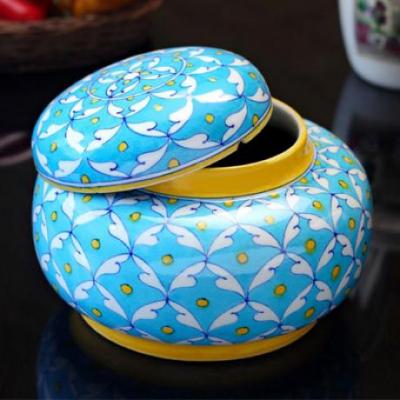 Jaipur Blue pottery Handmade Jar with lid 7 inches - Turquoise Base Geometric design with Yellow dots 