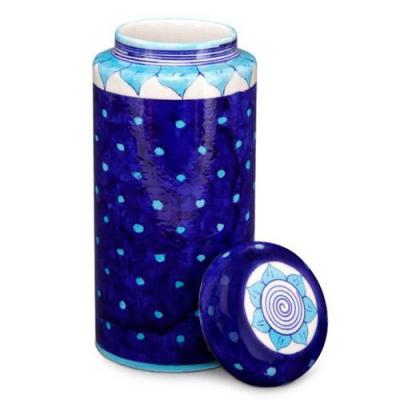Jaipur Blue Pottery Handmade Jar with lid 9 inches - Blue Base with Turquoise  Dots 