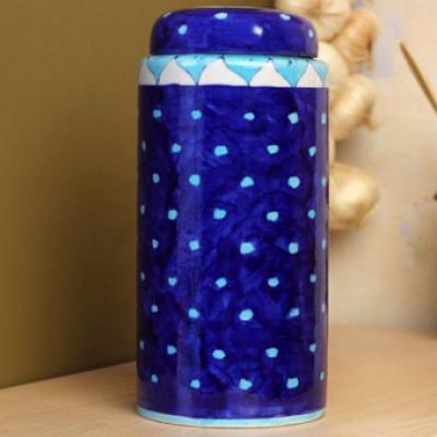 Jaipur Blue Pottery Handmade Jar with lid 9 inches - Blue Base with Turquoise  Dots 