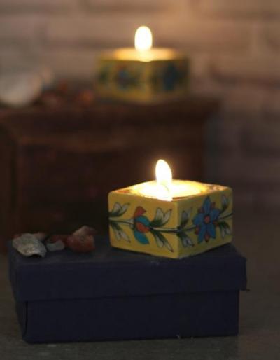 Jaipur Blue Pottery Handmade square T-light set of 2 pcs with Handmade paper Box - Yellow Base with turquoise flower