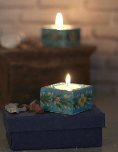 Jaipur Blue Pottery Handmade Square T-light Holder set of 2 pcs  - Turquoise Base with yellow flowers