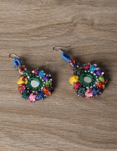 KALBELIYA HANDMADE  EARRING WITH COTTON BALL / MIRROR WORK
