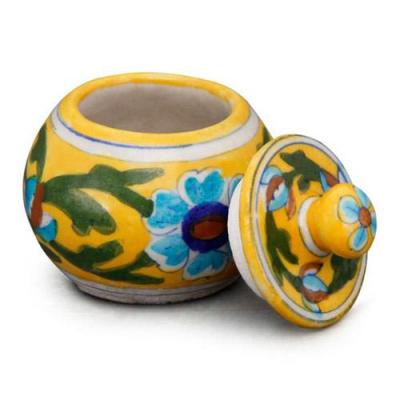 Jaipur Blue Pottery Handmade  Sugar Pot - Yellow base with Turquoise/Blue Flower
