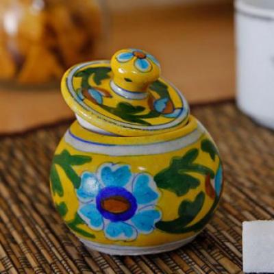 Jaipur Blue Pottery Handmade  Sugar Pot - Yellow base with Turquoise/Blue Flower