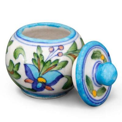 aipur Blue Pottery Sugar Pot  - White Base with Blue Turquoise flower