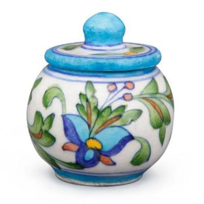 aipur Blue Pottery Sugar Pot  - White Base with Blue Turquoise flower