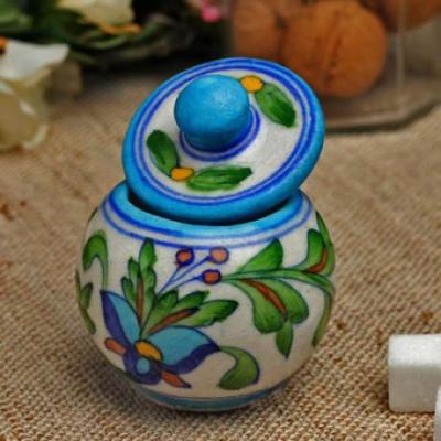 aipur Blue Pottery Sugar Pot  - White Base with Blue Turquoise flower