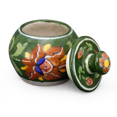 Jaipur Blue Pottery Handmade sugar Pot - Green Base with Brown Flower
