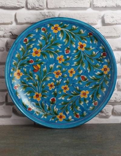 Jaipur Blue Pottery Handmade wall Plate 10"  - Turquoise Base with Yellow basant bahar Flowers  
