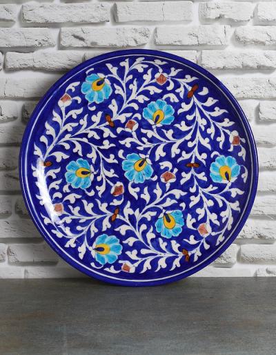 JAIPUR BLUE POTTERY HANDMADE WALL PLATE 12 INCHES - BLUE BASE WITH TURQUOISE FLOWER