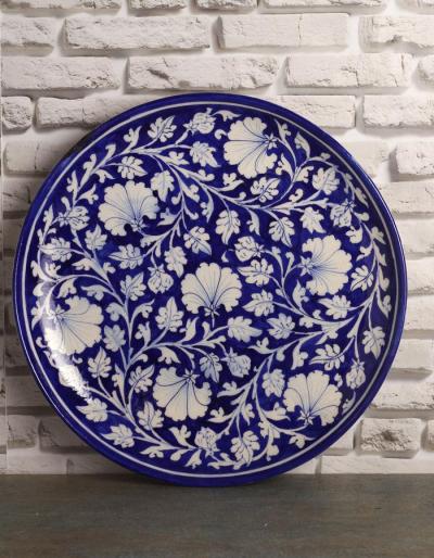 Jaipur Blue Pottery Handmade  Wall Plate 12 inches - Blue Base with White Zenia Flowers