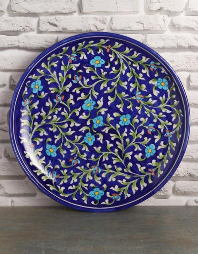 Jaipur Blue Pottery Handmade Wall Plate 12 inches with Blue Base and Turquoise Flowers 