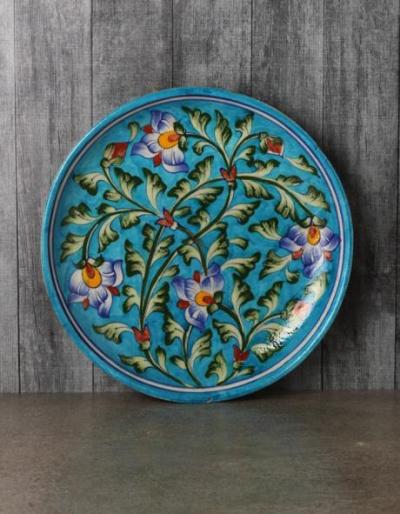 JAIPUR BLUE POTTER HANDMADE  WALL HANGING PLATE  (TURQUOISE BASE WITH BLUE FLOWERS )  8"