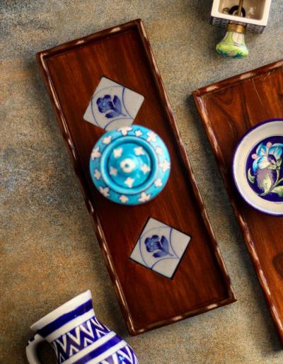 Neerja Wooden Blue Pottery Tile Tray 13x5 inch
