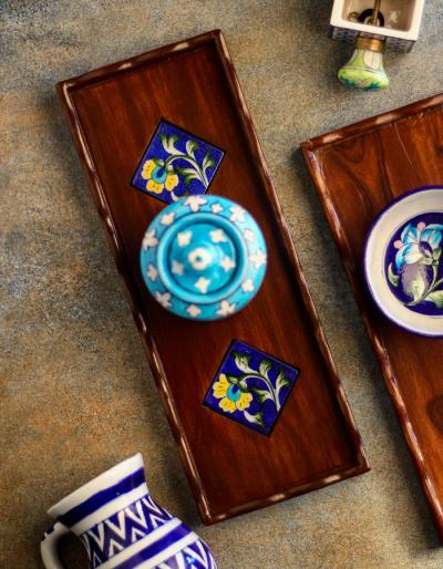 Neerja Wooden Blue Yellow Color Tile Tray 13x5 inch