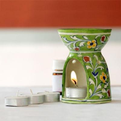 Jaipur Blue Pottery Handmade oil diffuser Med.  - Green Base with yellow flowers