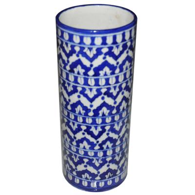 Blue design on White base Blue Pottery Cylinder 10 inches