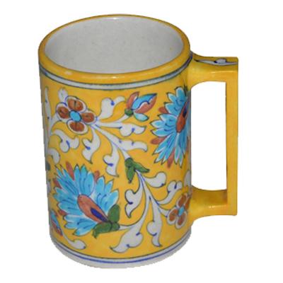 Turquoise Design on Yellow Base Blue Pottery Mug