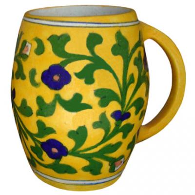 Flower and Leafy Design on Yellow Base Beer Mug