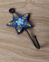 JAIPUR BLUE POTTERY HANDMADE STAR HOOK SMALL WITH IRON - BLUE WITH TURQUOISE FLOWER