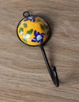 jaipur blue pottery handmade single hook with iron - yellow base with blue flower